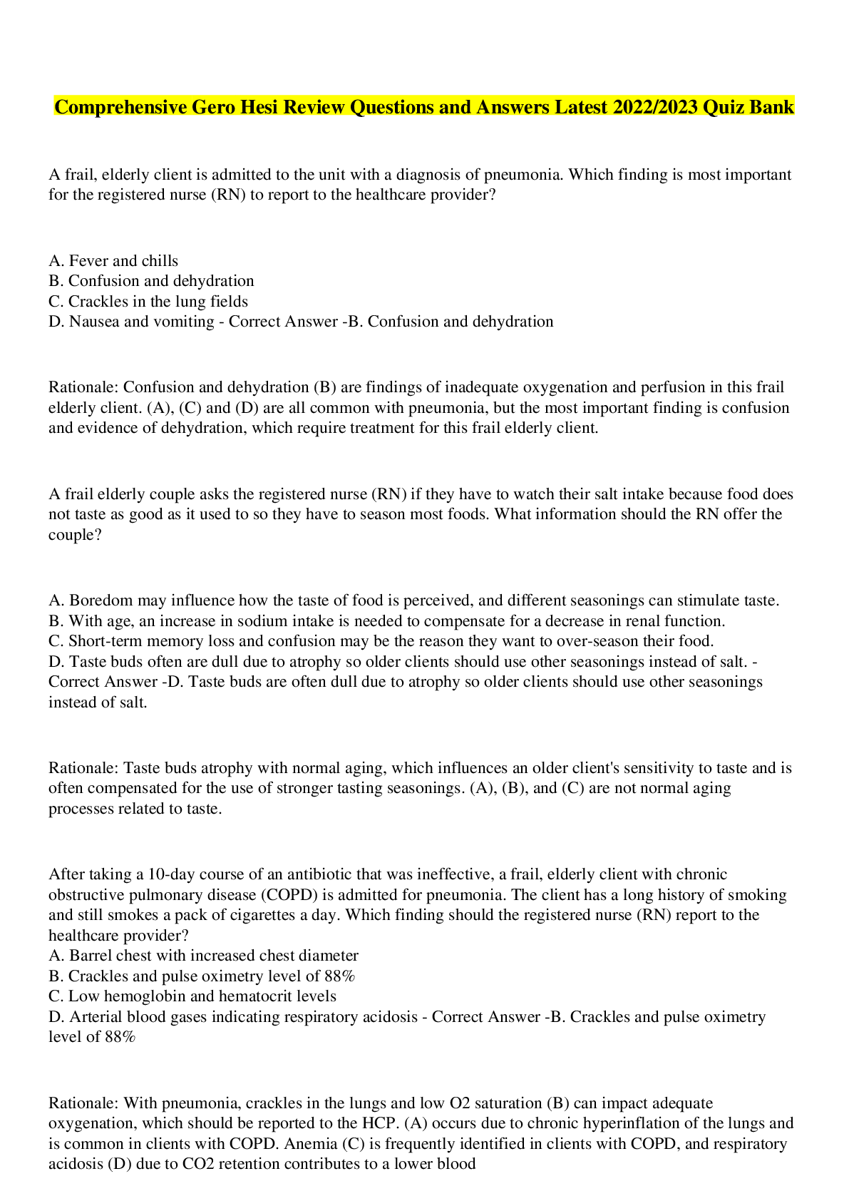 Preview image for Comprehensive Gero Hesi Review Questions and Answers Latest 2022/2023 Quiz Bank